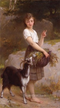 ペットと子供 Painting - ヤギと花を持つ若い女の子 エミール・ムニエ ペットの子供たち